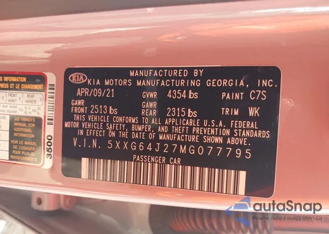 2021 Kia K5 Gt-Line z USA, uszkodzony, nr VIN 5XXG64J27MG077795